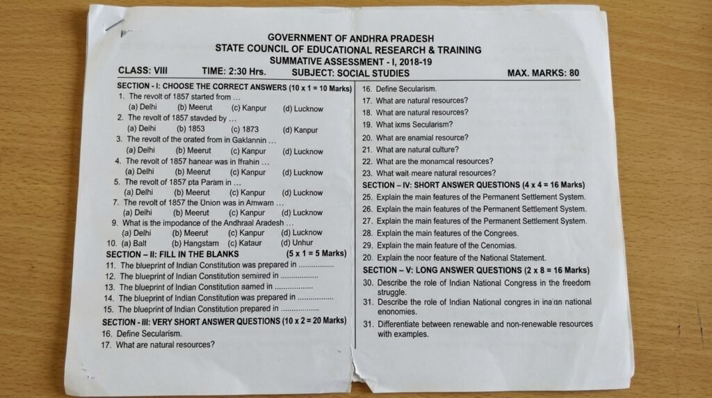 8th class social question paper 2018 SA1 government
